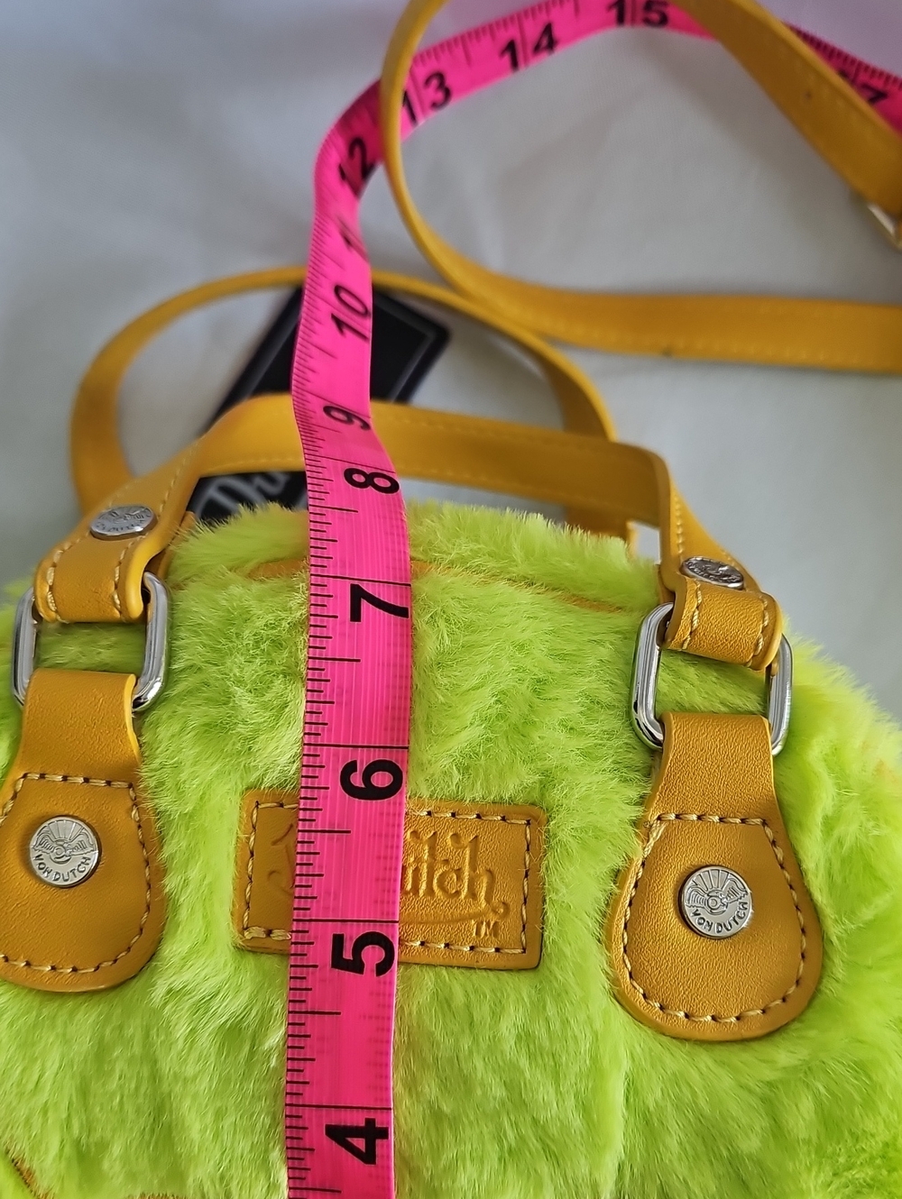Von Dutch Neon Yellow/green Faux Fur Mini Tote with Golden Yellow Trim - Picture 7 of 12